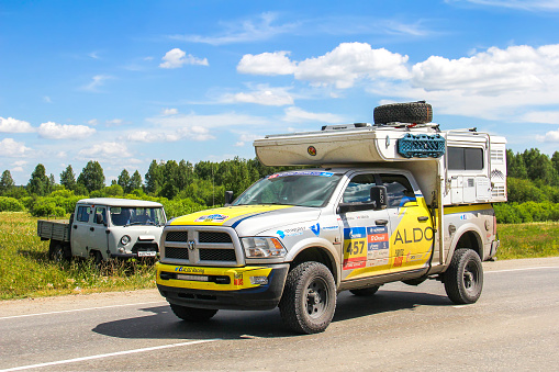 Chelyabinsk Region, Russia - July 11, 2016: Assistance motorhome Dodge Ram takes part in the Silk Way Rally - Dakar Series.