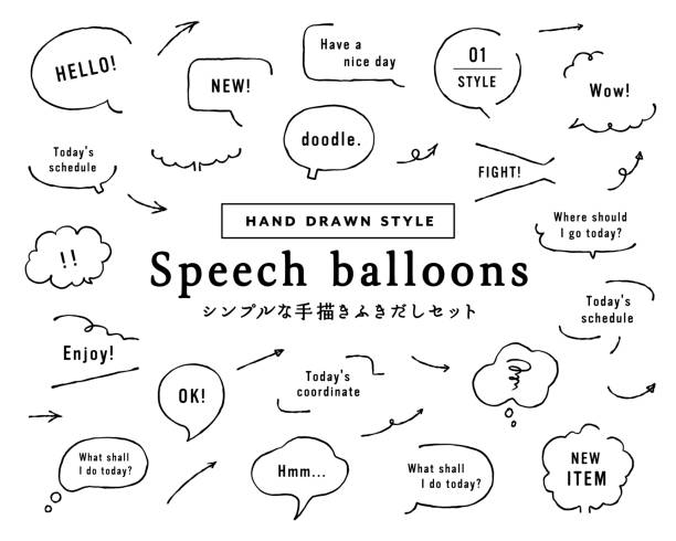 A set of hand-drawn balloon illustrations with simple lines. A set of hand-drawn balloon illustrations with simple lines.
The Japanese words mean the same as the English titles.
There are cloud-shaped and round-shaped speech bubbles, arrows and frames. thought bubble stock illustrations