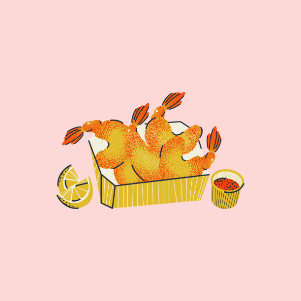 ilustraciones, imágenes clip art, dibujos animados e iconos de stock de camarones en tempura fritos en una caja con limón y salsa. comida rápida. ilustración brillante, impresión, postal en vector. - japanese cuisine soy sauce food bonito