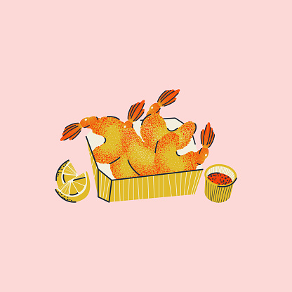 Fried tempura shrimp in a box with lemon and sauce. Fast Food. Bright illustration, print, postcard in vector.