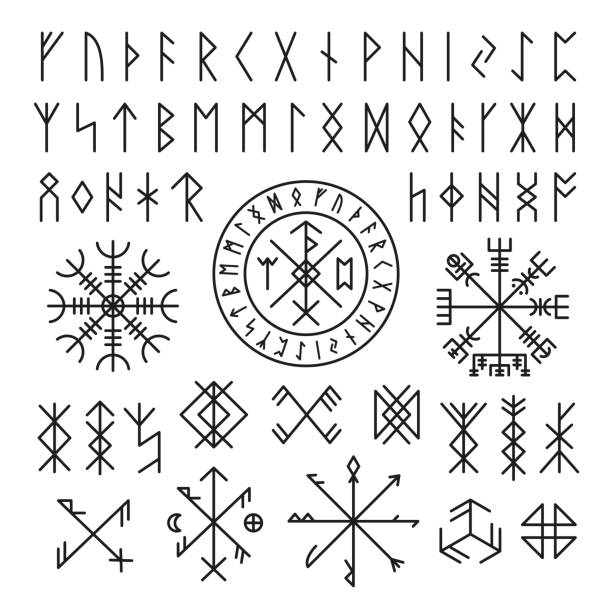 futhark wikinger nordisch. runendesign-ikonen, altes mystery-zeichen. magische alte symbole für spiel oder tattoo. nordische mythologie, keltische aufgeräumte vektorsammlung - ethereal spirituality concepts ancient stock-grafiken, -clipart, -cartoons und -symbole