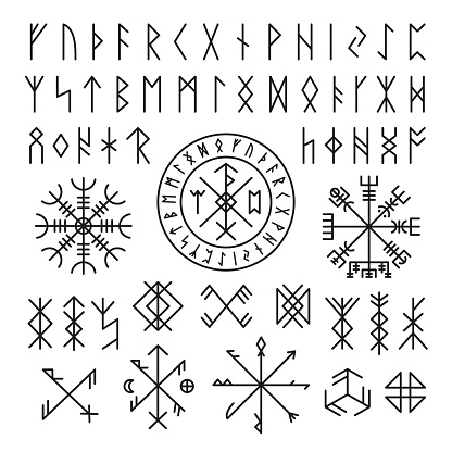 Futhark viking norse. Runic design icons, old mystery sign. Magic ancient symbols for game or tattoo. Nordic mythology, celtic tidy vector collection. Illustration of nordic amulet futhark