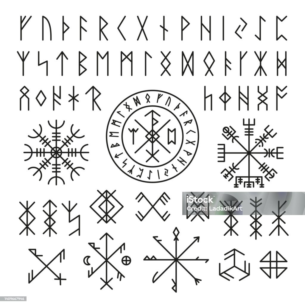 Futhark viking norse. Runic design icons, old mystery sign. Magic ancient symbols for game or tattoo. Nordic mythology, celtic tidy vector collection Futhark viking norse. Runic design icons, old mystery sign. Magic ancient symbols for game or tattoo. Nordic mythology, celtic tidy vector collection. Illustration of nordic amulet futhark Runes stock vector
