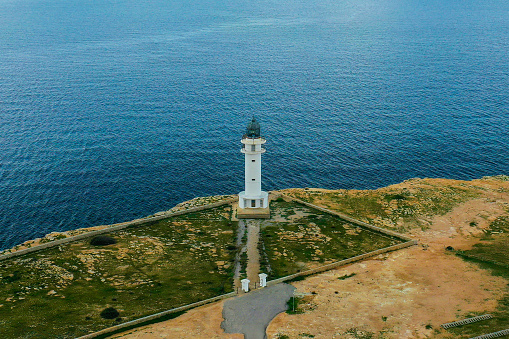 Aerial view of the Cap de Barbaria Lighthouse in Formentera island