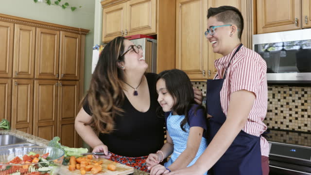 Lesbian parented family cooking together