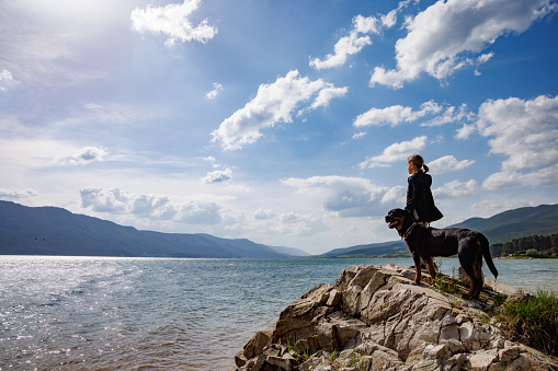 Little girl stands near her big dog friend of Rottweiler breed on empty wild rocky shore near transparent turquoise lake, against backdrop of green Rhodope mountain range covered with spruce forest