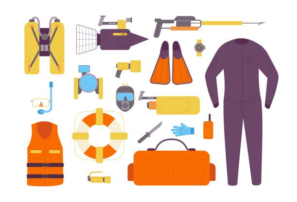 Diver gear equipment. Dive sport profession wetsuit, scuba diving mask suit swim tool underwater adventure oxygen tank sea jacket aqualung isolated set splendid vector illustration Diver gear equipment. Dive sport profession wetsuit, scuba diving mask suit swim tool underwater adventure oxygen tank sea jacket aqualung isolated set vector illustration of equipment to underwater oxygen tank regulator stock illustrations