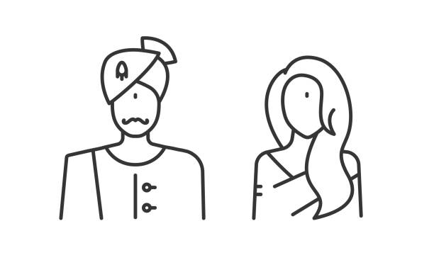 Indian couple line icon set. Young woman with long hair and indian sikh man in turban. Bride and groom symbols. Vector illustration Indian couple line icon set. Young woman with long hair and indian sikh man in turban. Bride and groom symbols. Vector illustration maharadja stock illustrations