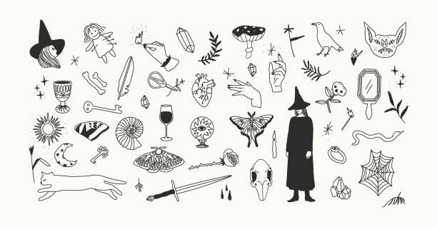 ภาพประกอบสต็อกที่เกี่ยวกับ “เวทมนตร์และสุนทรียศาสตร์คาถา องค์ประกอบที่วาดด้วยมือต่างๆ เปลี่ยว  - witch”
