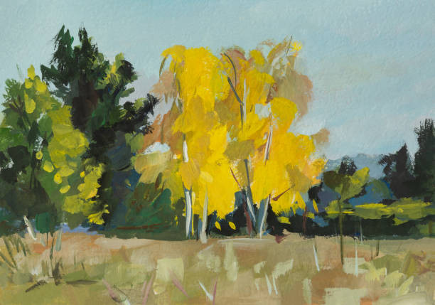 istock Autumn yellow trees gouache painting. 1409671395