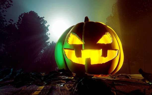 istock Halloween pumpkin lantern with dry leaves 3d render 1409671611