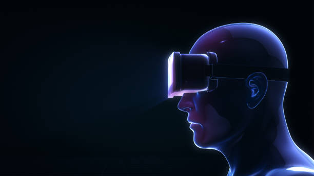 istock 3D model human wearing VR Glasses on dark background. 1409674746