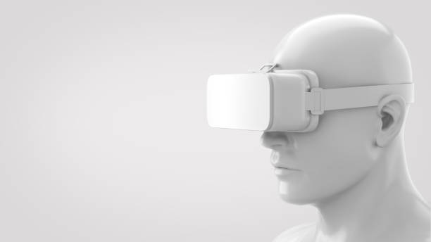 istock the white 3d model of a man wearing virtual reality glasses on white background. 1409674762