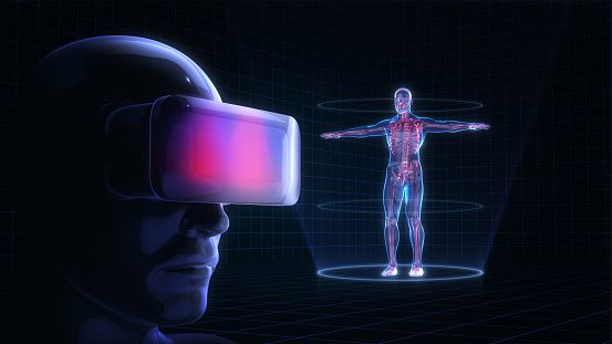 human wearing virtual reality glasses looking at the hologram of human anatomy. 3D rendering.