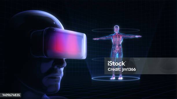 Human Wearing Virtual Reality Glasses Looking At The Hologram Of Human Anatomy Stock Photo - Download Image Now