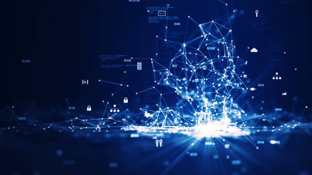 Cybersecurity data protection technology concept and internet network connection. A connected polygon light on the right with binary code and a small icon on a dark blue background. stock photo