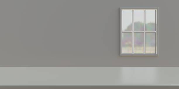 istock Office window at edge of an empty gray wall background. Copy space, banner. Ad template. 3d render 1409679488