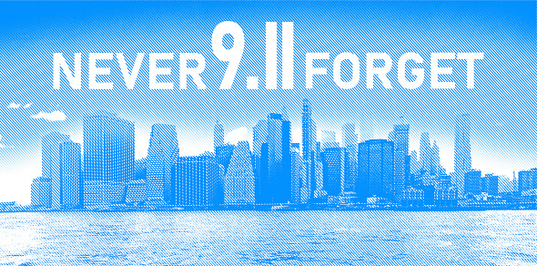 911 USA Never Forget. White text on blue New York City skyline. Remember September 11, 2001. United States America Patriot Day background