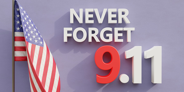 9 11 USA Never Forget text and United States America flag on blue background. Patriot Day. Remember September 11, 2001. 3d render