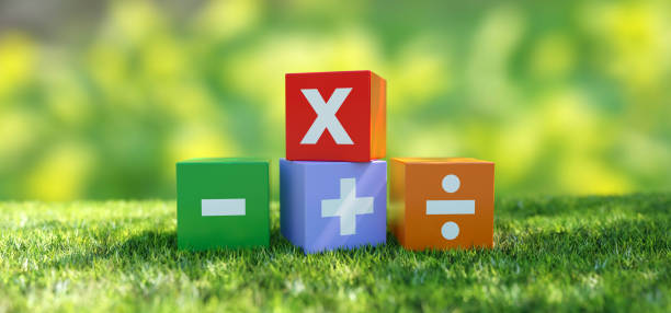 Math symbols. Basic mathematics signs. Plus, minus, add, subtract, multiply and divide. Colorful blocks on green nature background, 3d render