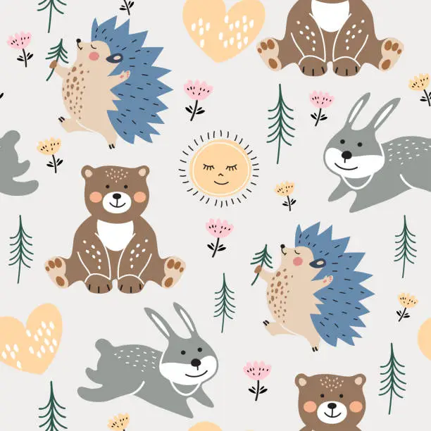 Vector illustration of Hedgehog, bear, hare and coniferous trees. Forest animals. Childish seamless pattern.