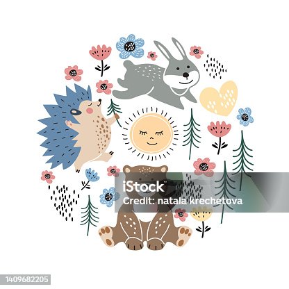 istock Round emblem with a hedgehogs, firs, bear, hares. Children's illustration. 1409682205