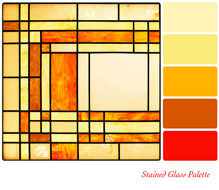 Stained glass panel in warm tones, with complimentary colour swatches