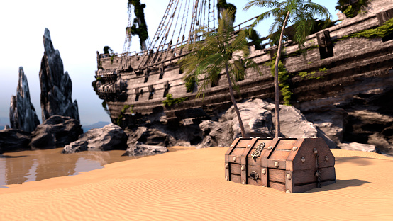 3D rendering of a wreck of a pirate ship on a coast and a treasure chest