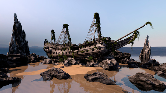 3D rendering of a wreck of a pirate ship on a coast