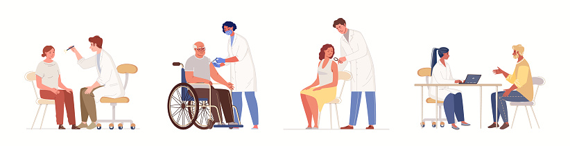 Medical examination, consultation, diagnostics by narrow specialists. Concept of healthcare and medicine. Clinic, hospital services. Vector flat cartoon illustration.