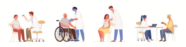 Set of Doctors And Patients Medical examination, consultation, diagnostics by narrow specialists. Concept of healthcare and medicine. Clinic, hospital services. Vector flat cartoon illustration. dermatologist stock illustrations