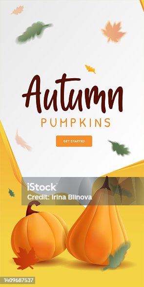 istock Banner autumn with illustration of realistic pumpkins and flying leaves. 1409687537