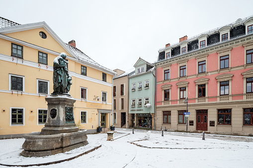 Weimar, Germany - January 03, 2021: The Donndorf fountain in the city centre of Weimar.