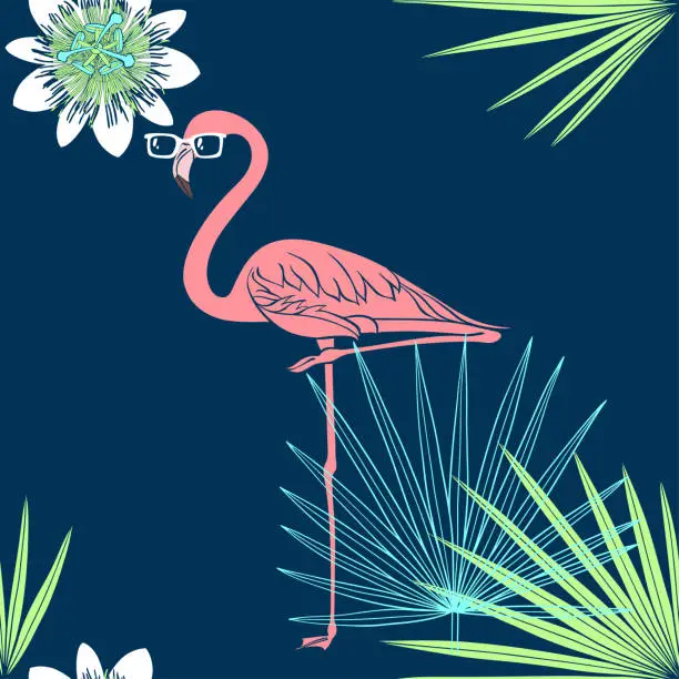 Vector illustration of Tropical seamless pattern with flamingos. Bright vector illustration with cartoon elements. Perfect for design templates, wallpaper, wrapping, fabric and textile.