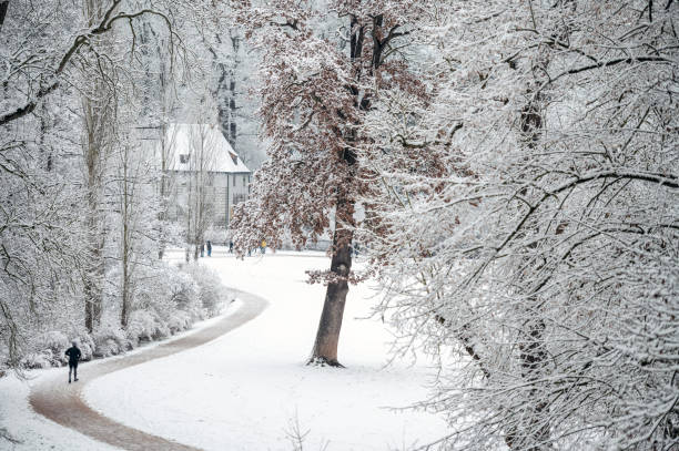 Weimar, Germany - January 03, 2021: Famous Goethe Garten House in Winter scenery with snow in Weimar. The Goethe Garden House is located near the city centre of Weimar in Ilmpark.