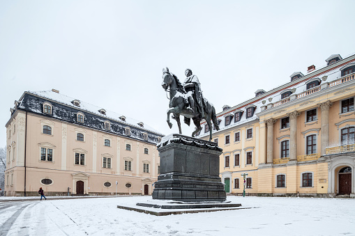 Monument to Peter on the Senate Square and the arch of the Senate and Synod building, St. Petersburg, Russia. The inscription on the monument To Peter the Great Catherine the Second 1782