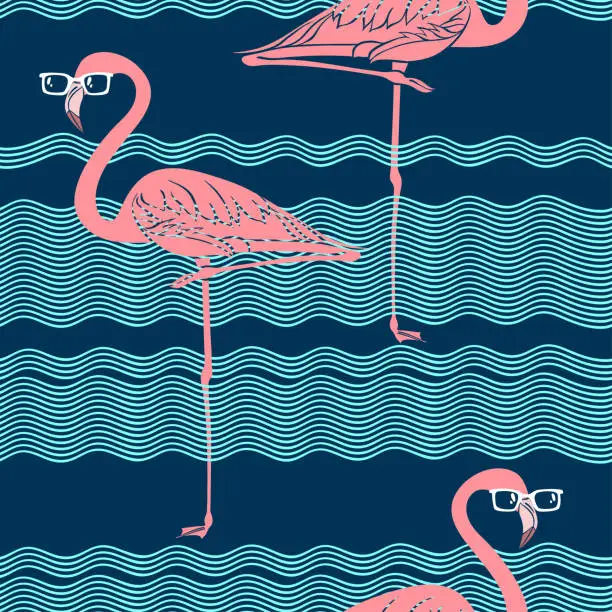 Vector illustration of Flamingo.  Bright vector seamless pattern. Cartoonsummer background. Perfect for design templates, wallpaper, wrapping, fabric and textile.