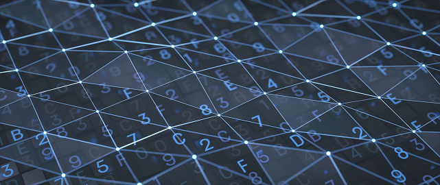 Blue encrypted computer code numbers with a transparent triangular mesh grid and glowing particle lights, on a gray structure surface. Conceptual design in the domain of data, virtual reality, computing and futuristic technology.