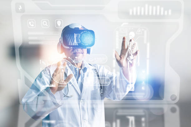 Telemedicine concept with doctor wearing VR glasses, staff or physician professional doctor use virtual reality headset to check and threat patient that stay stock photo