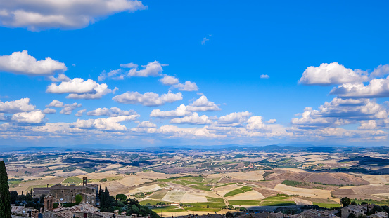 View on the cultivated land from the hill town of Montalcino