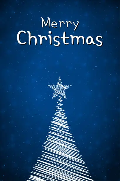 Vector illustration of White colored scribbled triangle tree like one hat or cap made by scribbling lines in the middle of dark midnight blue vertical Xmas festive vector backgrounds with text message Merry Christmas with a star at the top of tree with snow snowing in backdrop