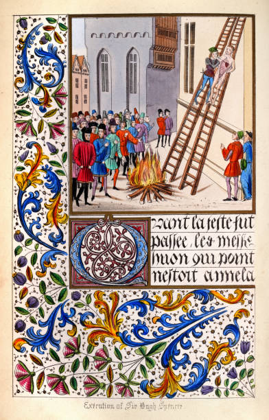 Illuminated medieval manuscript showing the execution of Hugh Despenser the Younger in Hereford, Hanged, drawn and quartered, 1326 vector art illustration