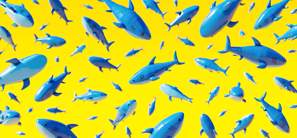 Inflatable blue shark on yellow background. Summer travel concept 3d render 3d illustration