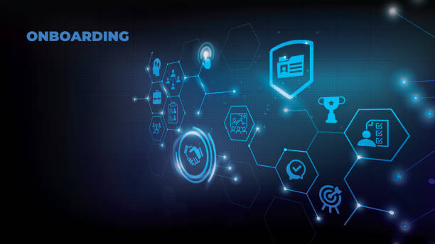 istock Onboarding vector illustration. Concept with connected icons related to welcoming new hire, welcome culture in the company, employee satisfaction, talent retention, workforce training. 1409699165
