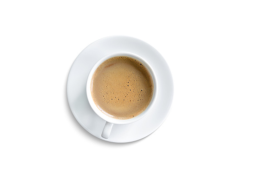 taza de café, vista superior aislada sobre blanco photo