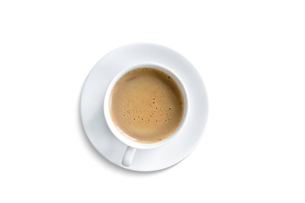 taza de café, vista superior aislada sobre blanco - coffee cappuccino latté cup fotografías e imágenes de stock