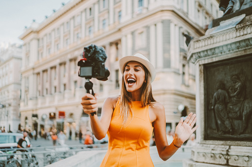 Influencer Woman Vlogging From Vienna Stock Photo - Download Image Now