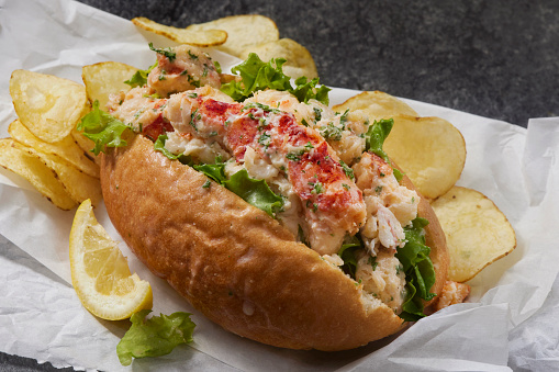 Lobster Roll with Garlic Mayonnaise Dressing and Potato Chips
