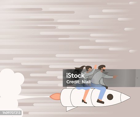 istock Illustration Of Happy Partners Riding On Fast Rocket Ship Exploring The World. Joyfull Couple Drawing Traveling With Rushing Space Craft Touring Space. 1409707213