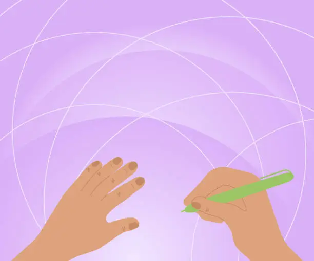 Vector illustration of Hands Using Pencil Strategizing Newest Innovative Creative Goal Plans. Palms Holding Writing Pen Planning Successful Future Career Displaying Creativity.